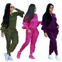 

Autumn Women Thick Tracksuit 2Pcs Set Lantern Sleeve Side Ruched Crop Top and Pants Set Ruffle Sweatsuit EYD5076