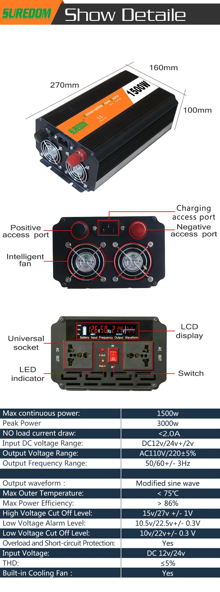 1500w Ups With Battery Charger 3000 Peak Power Inverter Dc 12v/24v Ac