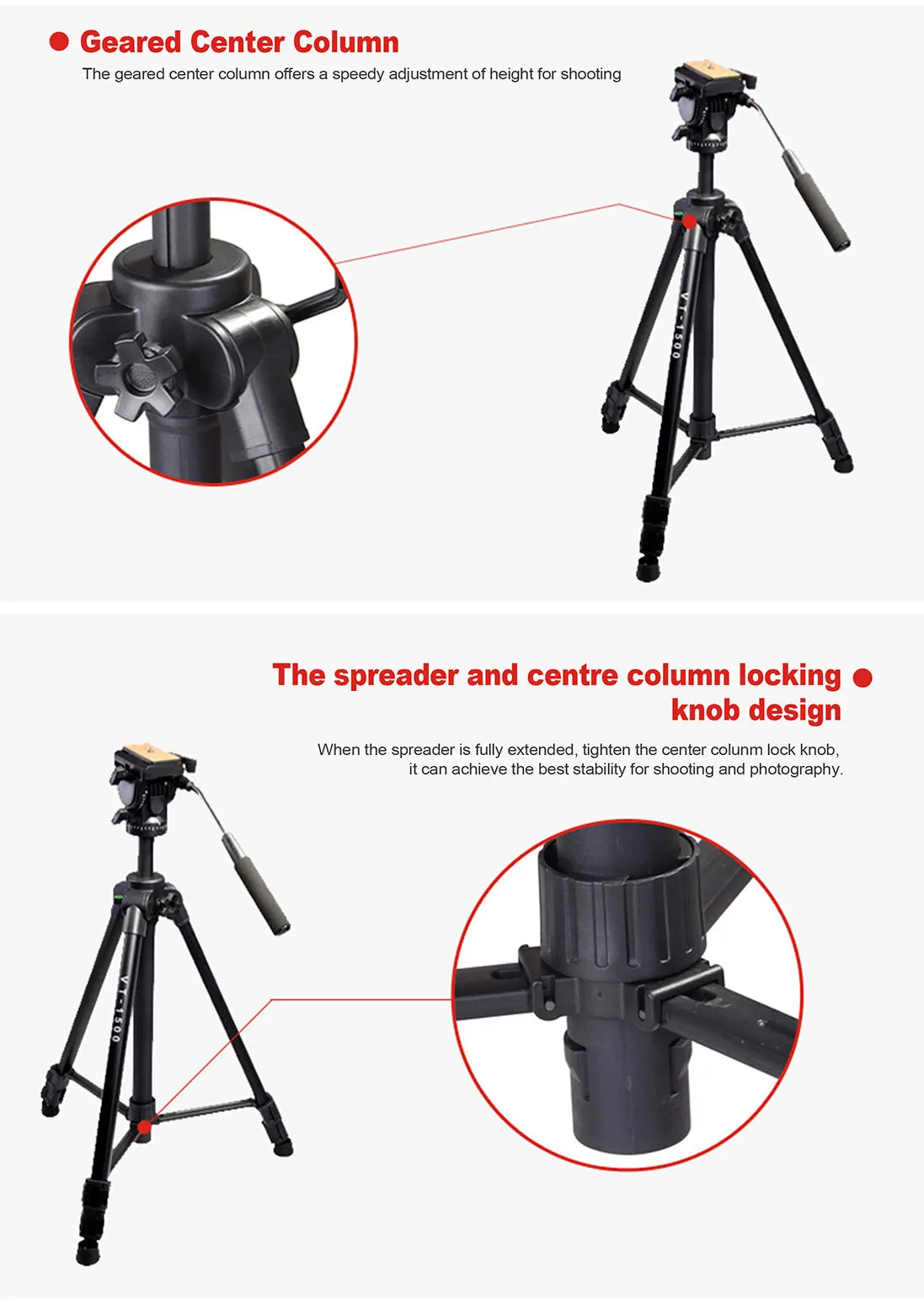 Kingjoy 3 Section Geared Stable Universal Tripod Vt1500 With 1/4 Inch