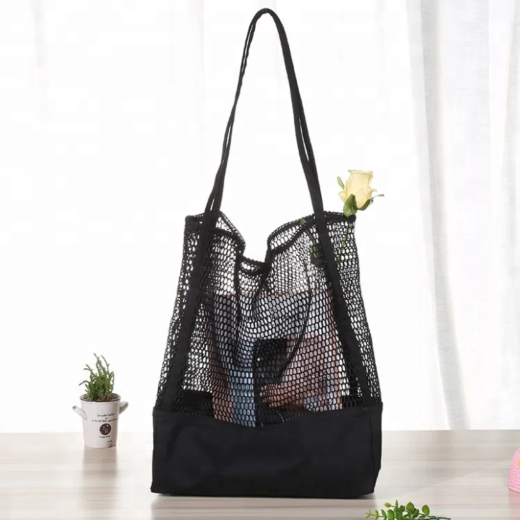 

Fashion Net Shopping Bags Fine Mesh Beach Shoulder Canvas Bag, Black,white