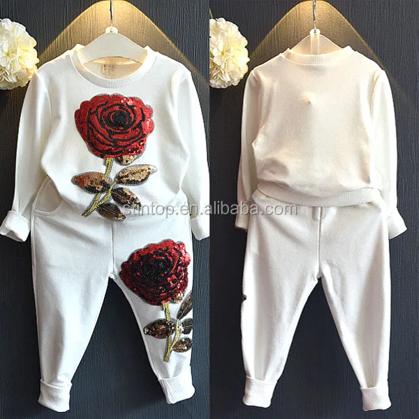 

Girls Clothing Sets 2017 Spring fall Wool Sportswear Long Sleeve Rose Floral Embroidered Sequinsets Kids Clothing Sets