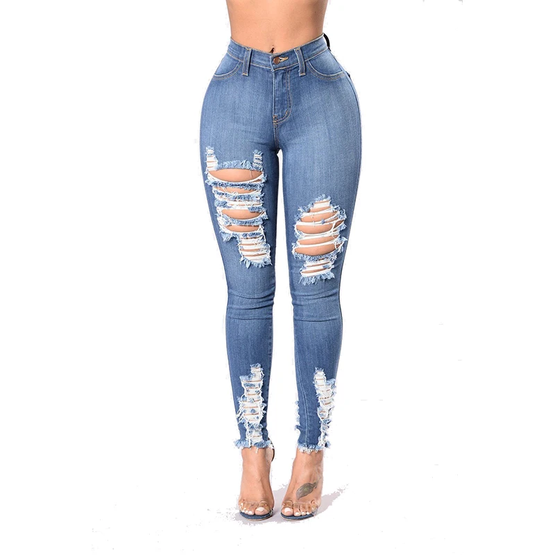 

Hot Sell High Waist Skinny Biker Stretchy Women Ripped Jeans