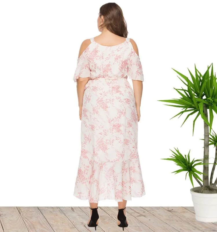 6xl Plus Size V Neck Short Sleeve Cold Shoulder Floral Summer Dress For ...