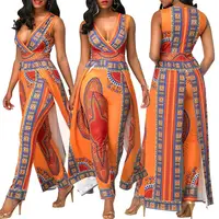 

MNQ115 African women's sleeveless printed orange ethnic style jumpsuits