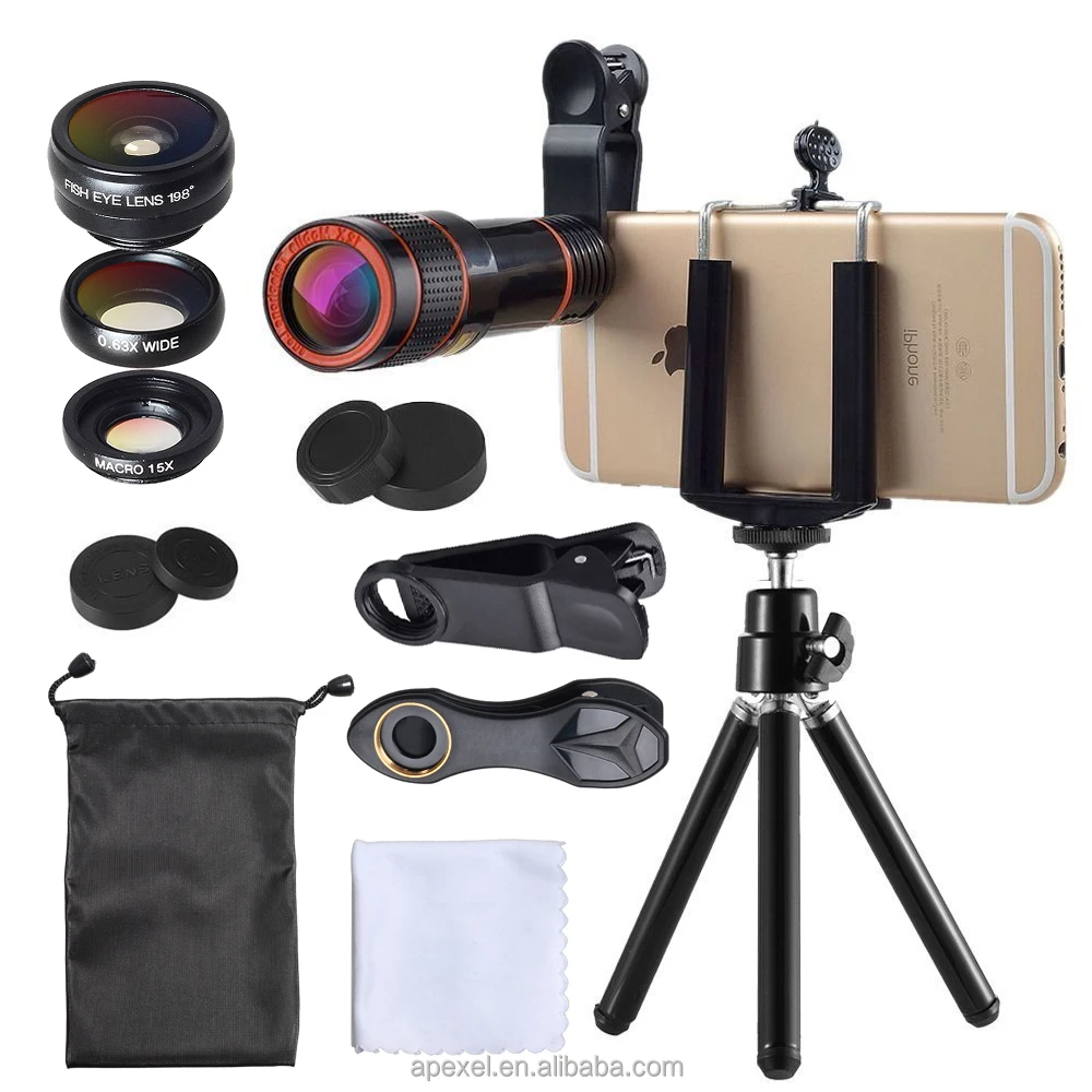 

new arrivals 2019 amazon 4 in 1 lens kit for cell phones fixed focus camera lens, Black