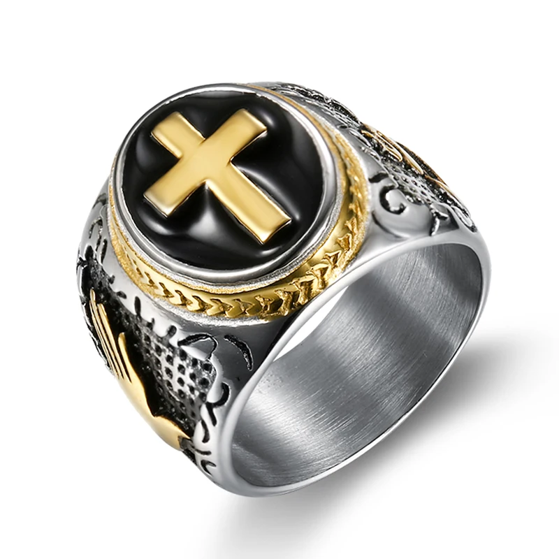 

Punk 316L Stainless Steel Jesus Christian Holy Gold Cross Hand of God Black Enamel Finger Ring Male Fashion Jewelry