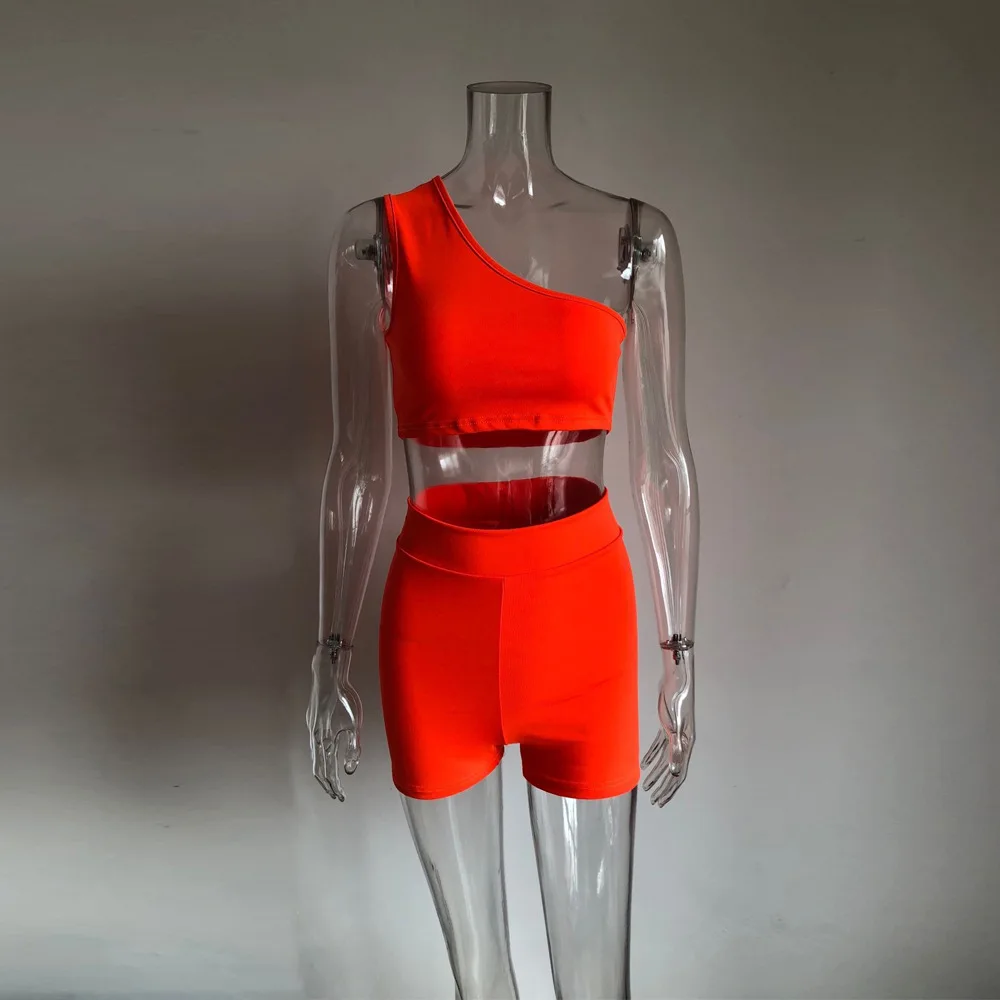

wholesale summer gym fitness women 2 piece one shoulder top clothing and short set