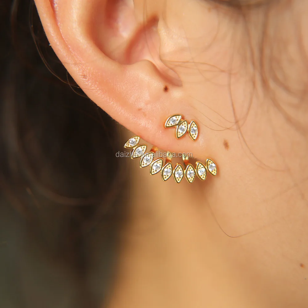 

2021 fashion jewelry front back design ear jacket gold plated cz ladies earring set