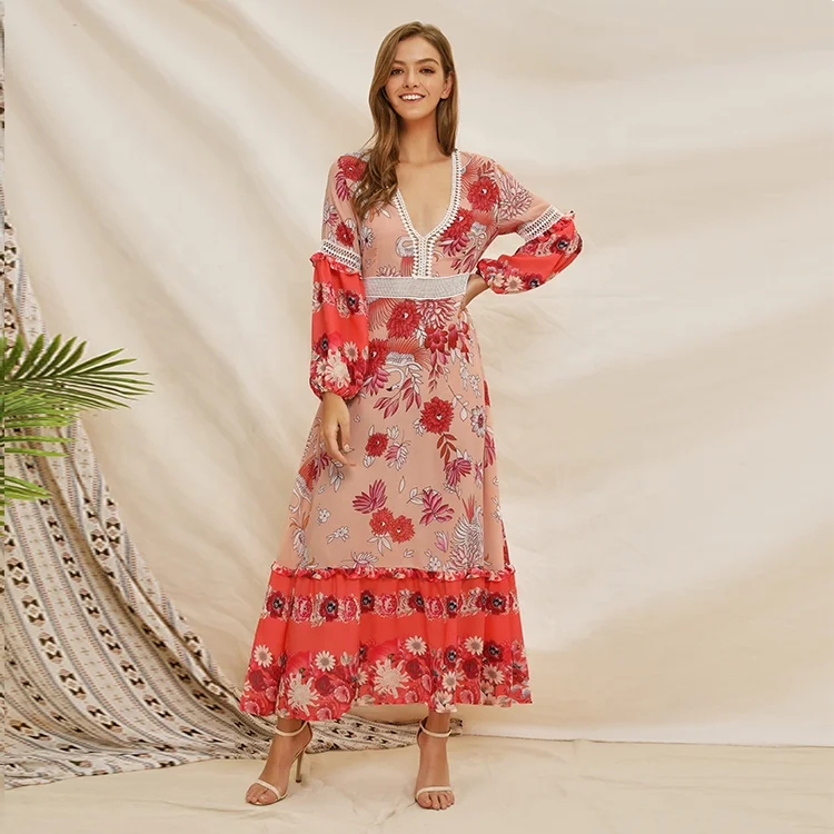 

2019 Most popular polyester sexy summer floor length floral dress deep V-neck bohemian boho dress, White