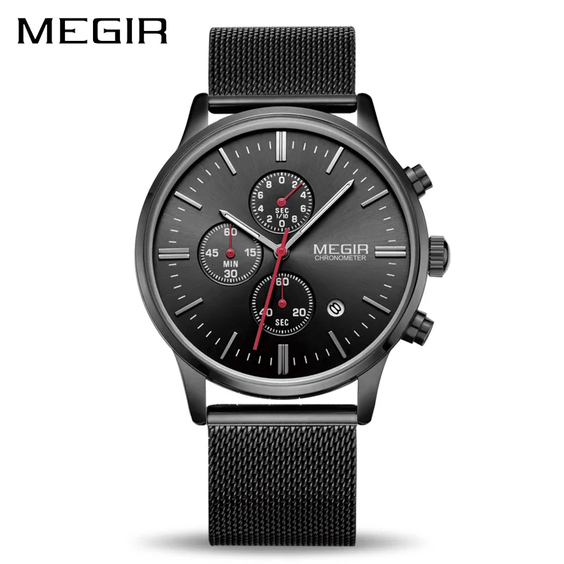 

Original Megir 2011G Mesh Metal Band Luminous Pointer Waterproof Man All Black Classical Business Quartz Chronograph Watch