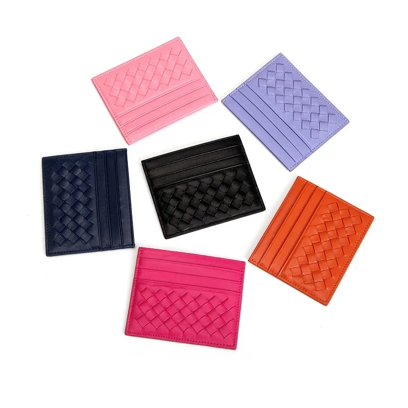 

Free Sample Drop Shipping BV Style Colorful Customized Women Sheep Skin Leather Design Light Woven Credit Card Holder, Black and more colors are available