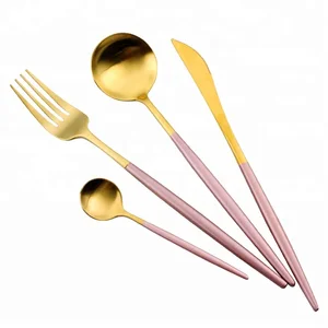 Image of Spain stainless steel cutlaris gold pink hotel cutlery sets