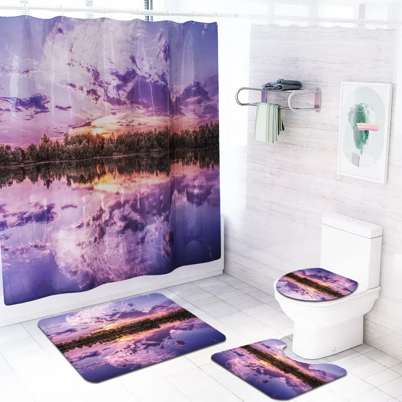 Scenery printed Amazon Custom print  Anti Slip Bath Mat and Shower Curtain Set