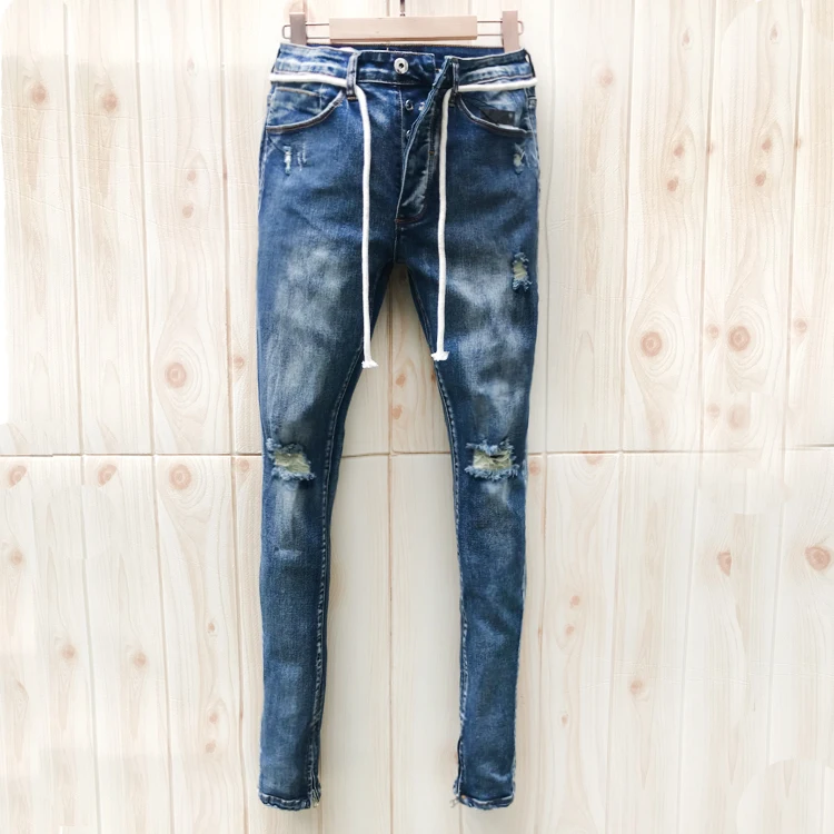 

Ripped jeans cotton 98% stretch England style bike jeans high street zipper Distresseholed blue Trousers denim pants stock, Picture color