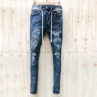 

Ripped jeans cotton 98% stretch England style bike jeans high street zipper Distresseholed blue Trousers denim pants stock