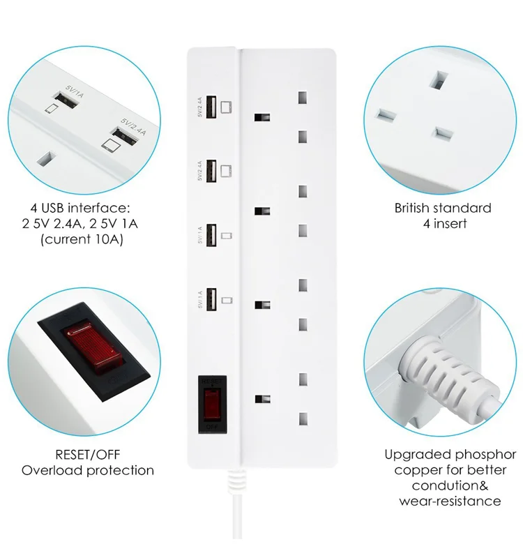 Uk Extension Lead Power Strip With Usb 4 Way Outlets 4 Usb Ports