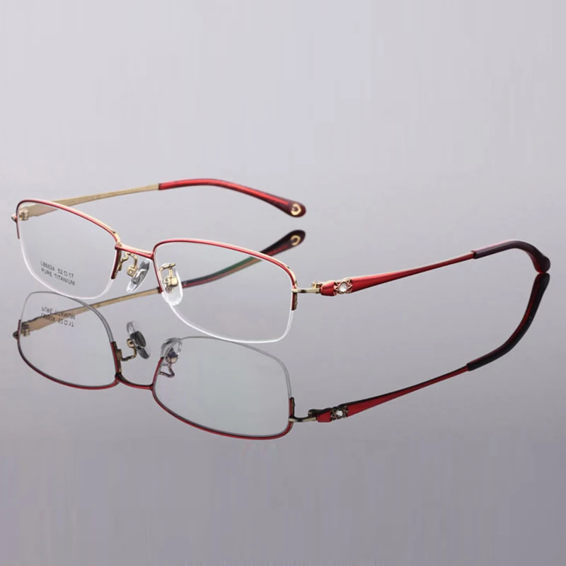 

Custom High Quality Woman Titanium Optical Frame Diamond Decor Ultralight Half Frame Spectacles Eyeglasses For Ladies Female