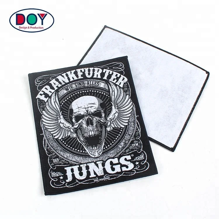 

New Design Merrow Border Custom Made Gothic Style Skull Logo Iron on Arm Woven Patches for Jacket, Follow pantone color chart