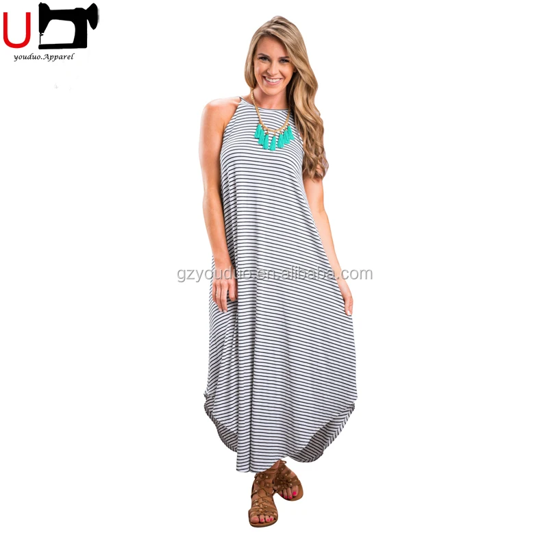 

Wholesale Fashion Sleeveless Stripe Casual Women Maxi Dress Plus Size