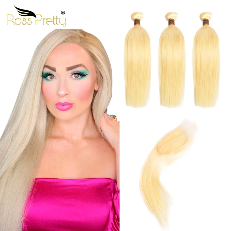 
Ross Pretty Remy Brazilian Human Hair Bundle 613 Blonde Hair Weave 4x4 Hair with Closure Bundle 