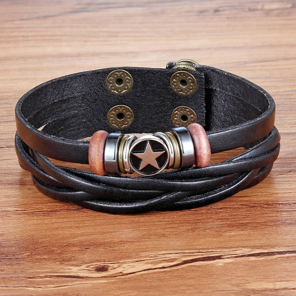 

Fashion Men Women Hand Made Adjustable Woven Star Shape Leather Bracelet With Custom Metal Accessories, Black/coffee/orange