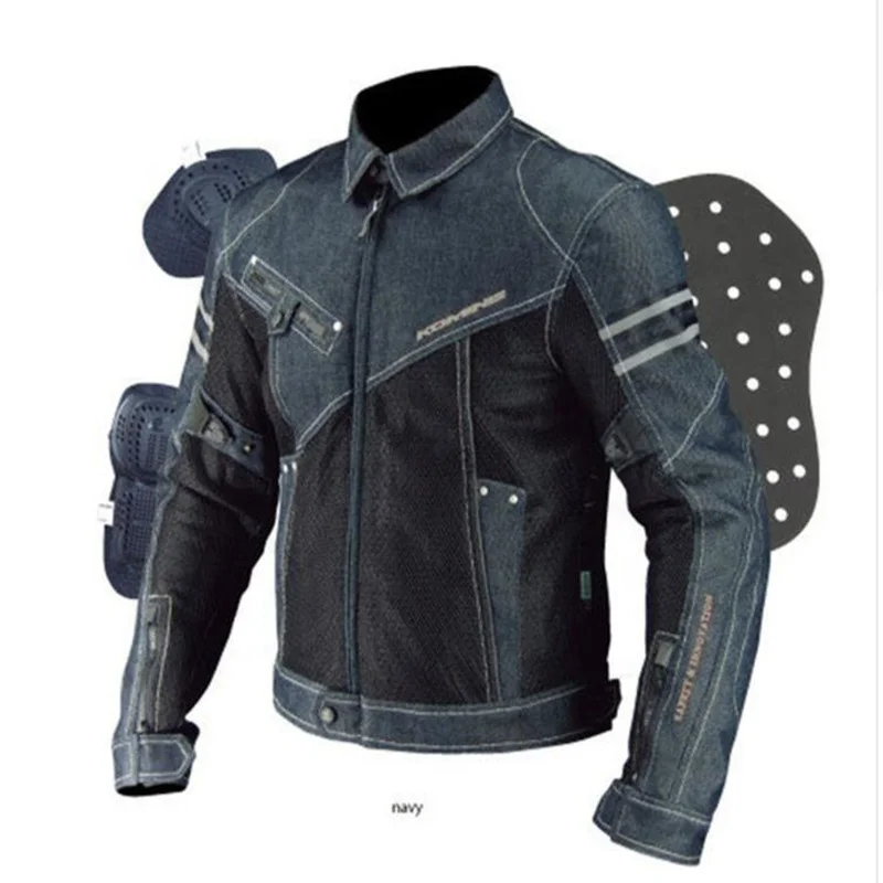 

SSPEC Men Moto Clothing Komine JK-006 Motorcycle Jacket Breathable Mesh Riding Racing Motocross Denim Jacket With Protector Pads, Black/blue
