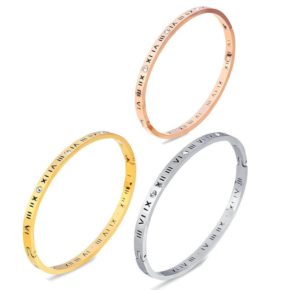 

Rose Gold Plated Stainless Steel X Roman Number Bangle, Rose gold;silver;gold