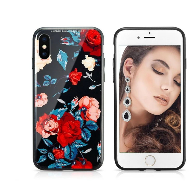 

Wholesale Flower Painting Tempered Glass Protective Mobile Phone Case Back Cover For Iphone X, Multi