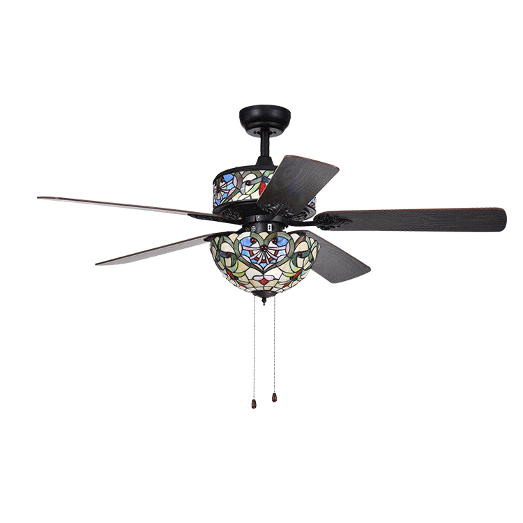 Customized Tiffany Style matte black cheap price ceiling fan light led chandelier ceiling fan With 5Pcs Wood Blades