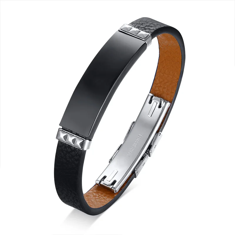 

10 mm mens stainless steel wide wristband black leather bracelet