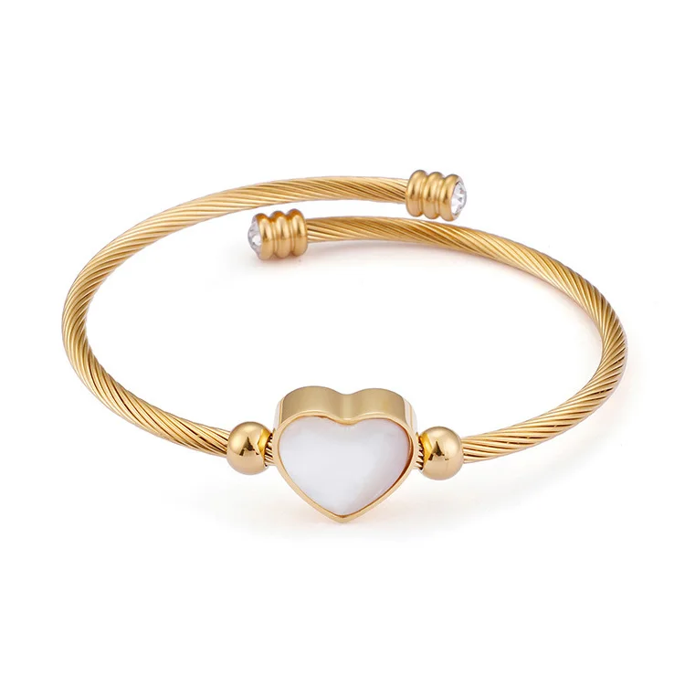 

Stainless Steel Shell Cubic Zirconia Cable Wire Bracelet With Heart Charm, Gold, rose gold, silver