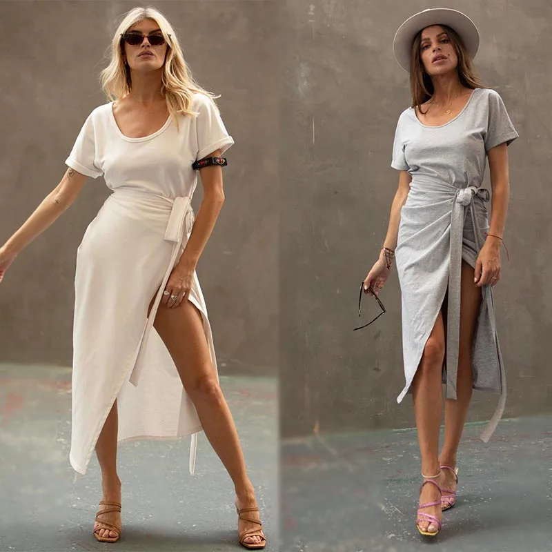 

Clothing Fashion Women White T-shirt Wrap Midi Dress with Slit