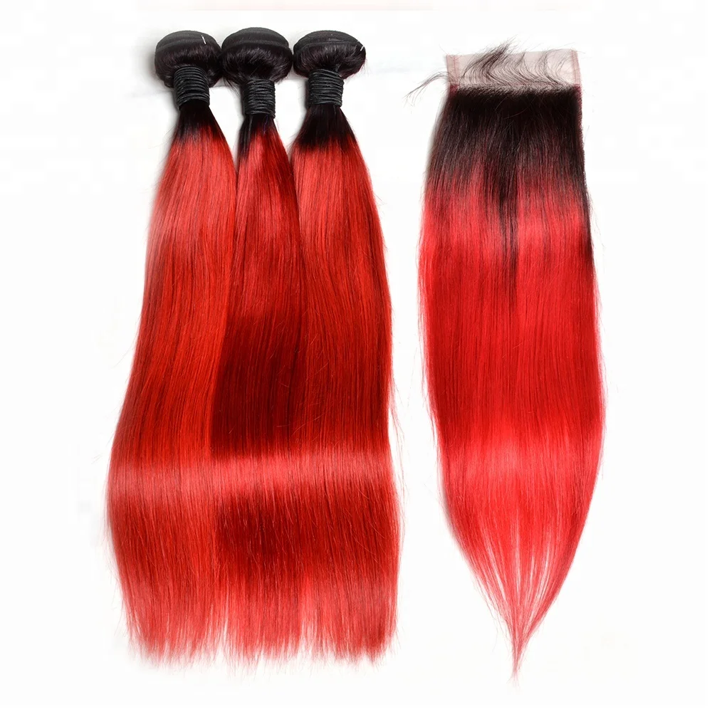 

Top soft and smooth 100% remy human hair ombre 1b/red hair extensions three bundles with closure