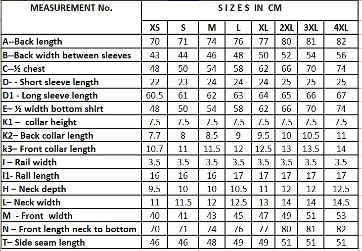 Asian T Shirt Measurement Chart