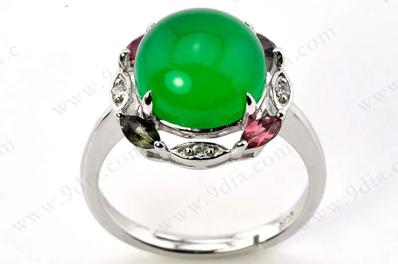 Big Stone Design Green Jade Silver Ring for Women