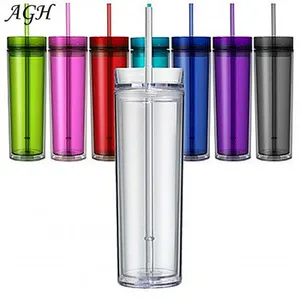 Image of 16 oz Acrylic Tumblers Double Wall Clear Plastic skinny glass with Lids and Straws factory Wholesale