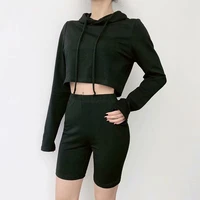 

Wholesale Long Sleeve Hoodie + Biker Short Tracksuit 2 Pieces Shorts Set Women