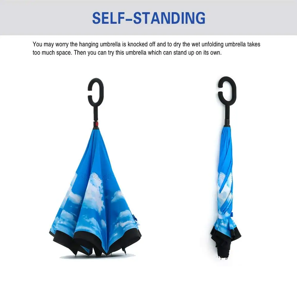Inside full print double layer manual open reverse inverted C handle umbrella for car