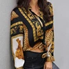 2019 Spring Women Elegant Party Loose Button Shirt Turn-down Collar Female Leopard Print Knot Front Long Sleeve Blouse