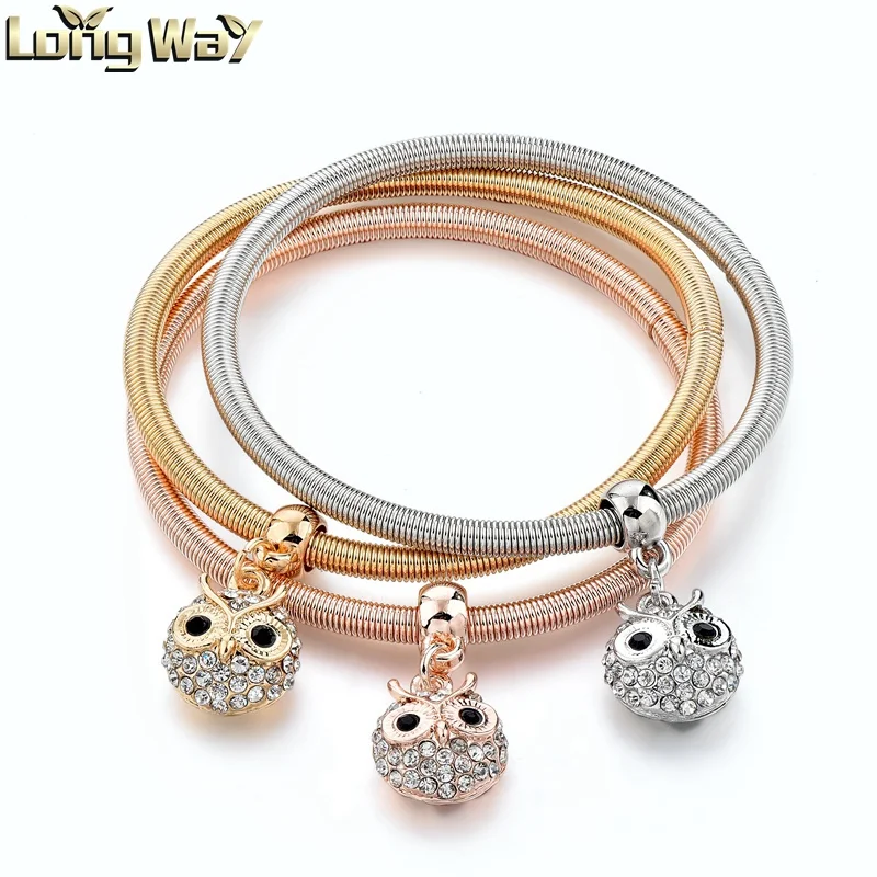 

New owl bracelet design,three colors stackable bracelet set with lovely owl pendant