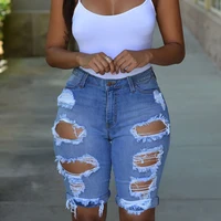 

2019 Wholesale Cheap Blue Denim Destroyed Bermuda Jeans Shorts Women