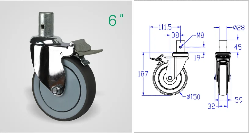 6" TPR Swivel Medical Caster wheel with brake