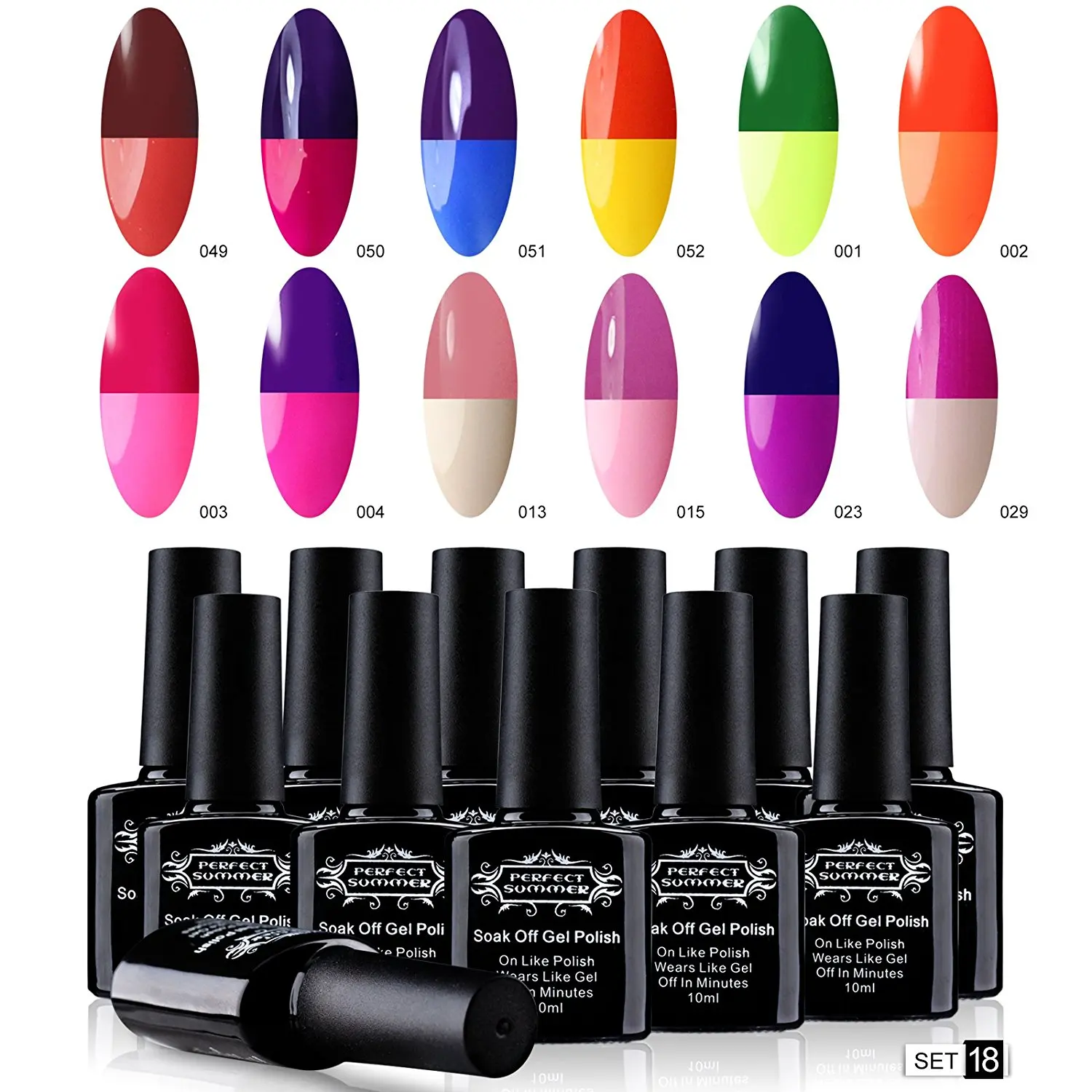 Perfect Summer Thermal Gel Nail Polish UV/LED Soak Off Temperature Colors Mood Changing Lacquers Kit - Pack of 12, 10ml Each - Set #18