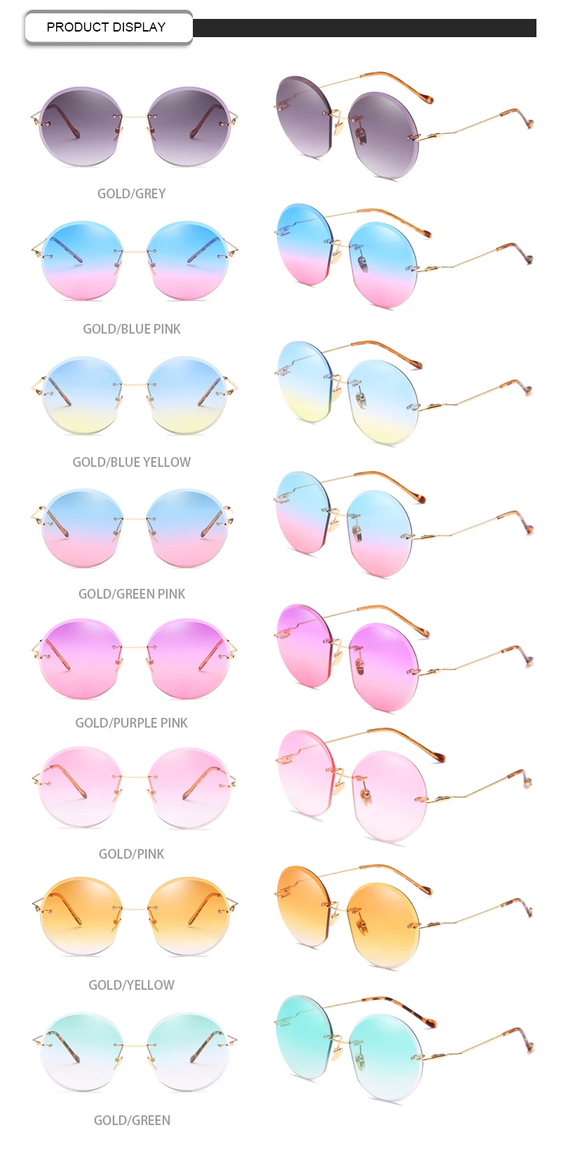 Fashion Hot 2019 Gradient Color Round Women Rimless Shades Sunglasses