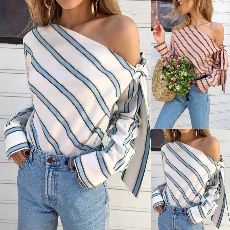 

Striped Blouse Women One Shoulder Tops Sexy Long Sleeve Bow Shirts Female Fashion Women's Blouses 2019 Chemisier Femme, As the pictures shown