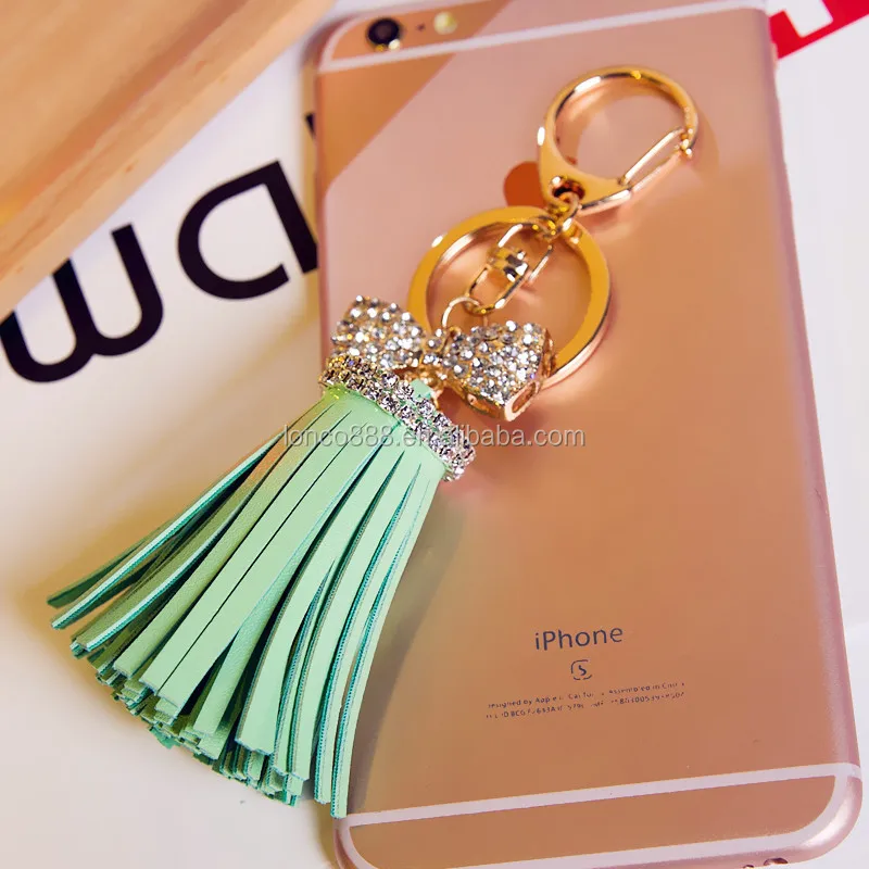 Kc230 Stylish Bowknot Rhinestone Leather Tassels Keychain Cell Phone