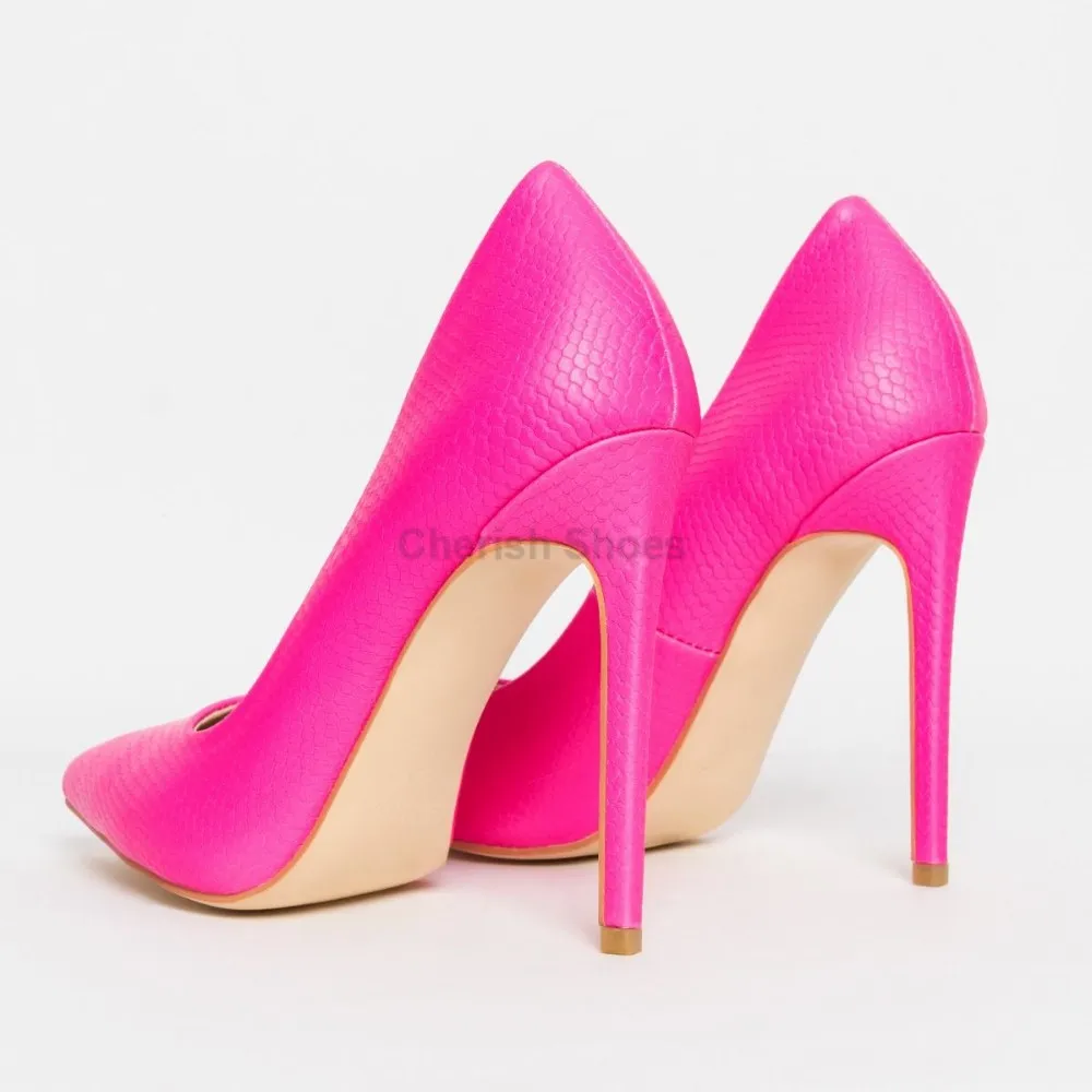 时尚女士尖头办公室女士蜥蜴印花高跟鞋 dress 鞋霓虹色热粉红色高跟