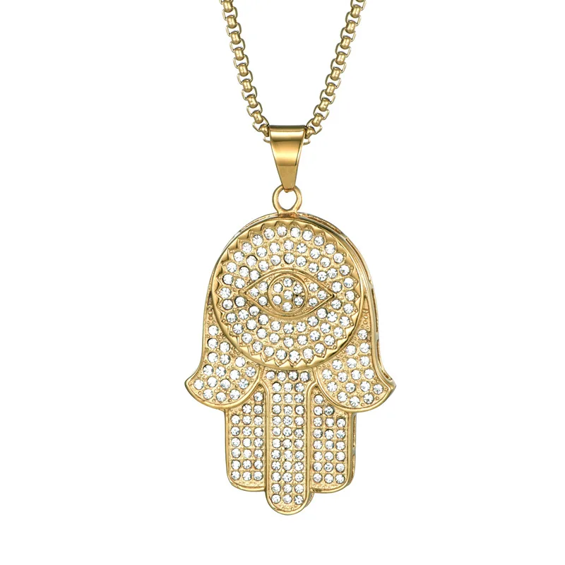 

Hips Hop 316L Stainless Steel Crystal Eye Hand of Fatima Pendant Diamond Gold Hamsa Pendant Necklace for Men Religion Jewelry