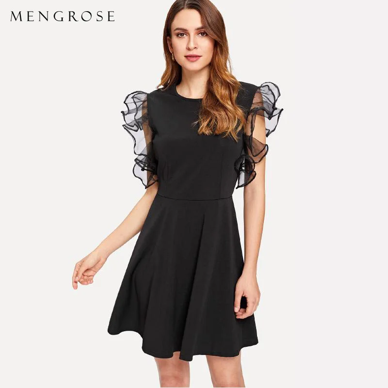 Wholesale Designer Dress Designer Clothing Black Lace Ruffles Sleeve Cocktail Casual Dress