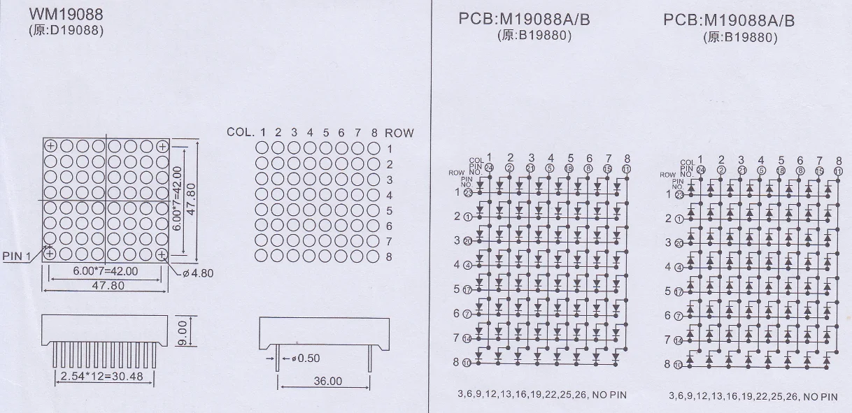 Dongguan keming led matrix 4.8mm fym19881aur, fym19881bur red 8x8 dot matrix display
